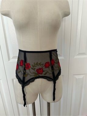 Black Sheer Rose Embroidered Garter Belt